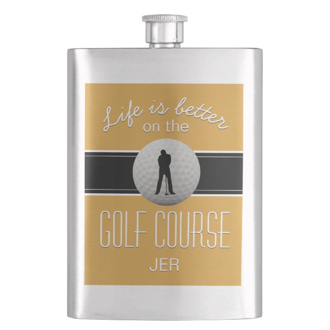 Petaca La vida es mejor jugando golf Monogramado Amarillo (Anverso)