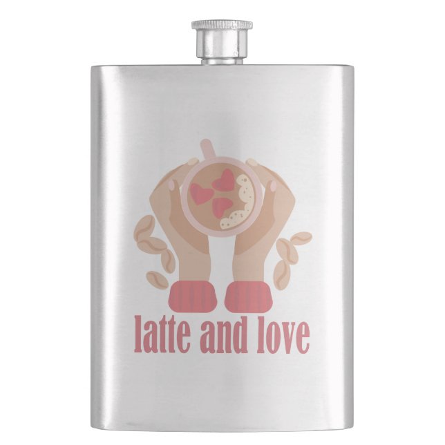 Petaca Latte y taza de amor, manos y cita de café (Anverso)