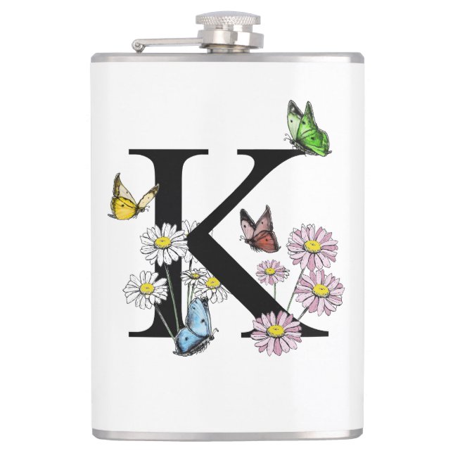 Petaca Letra K acuarela floral mariposa monograma (Anverso)
