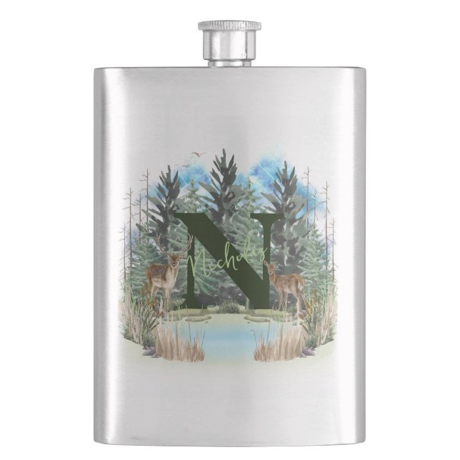 Petaca Letra monograma personalizada del ciervo acuarela  (Anverso)