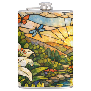 Petaca Lírios Mariposas Vidrio Teñido Luz del Sol