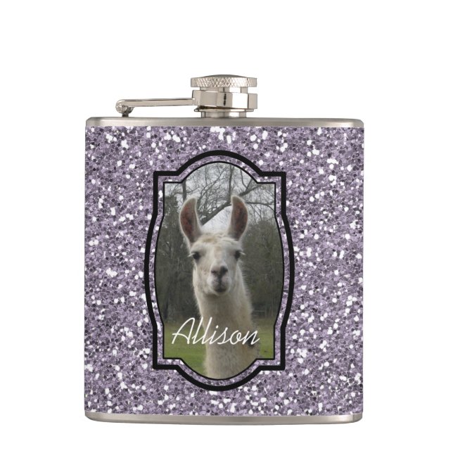 Petaca Llama brillante el chispear de N en la lavanda de (Anverso)