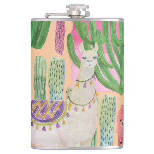 Petaca Llamas acuarelas, cactus: patrón sin costura.