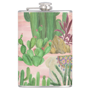 Petaca Llamas acuarelas y patrones de cactus.