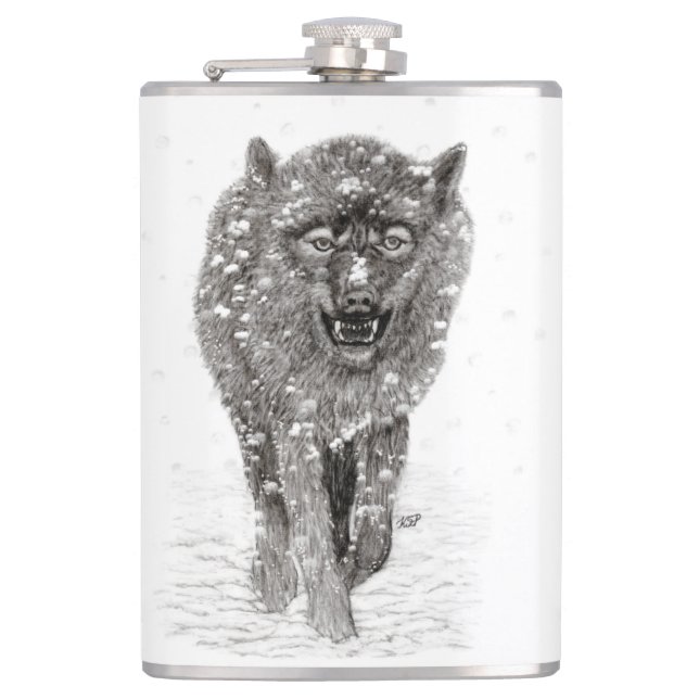 Petaca Lobo negro enojado en la nieve, invierno salvaje (Anverso)