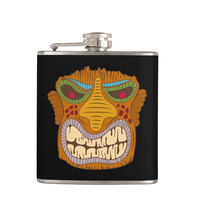 Petaca Loca cabeza de tiki con llamas en los ojos, negro (Anverso)