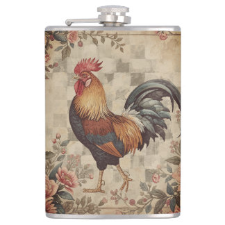 Petaca Lovely Vintage Rooster ,Flowers Pattern, Checke