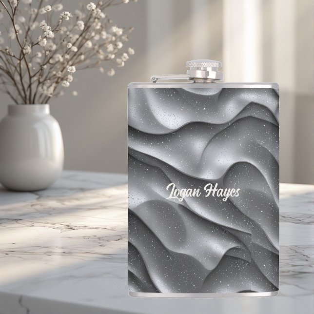 Petaca Lujo Glamour Olas Metálicas Brillantes (Silver Glamour Luxury Bling Metallic Waves Glitter Flask)