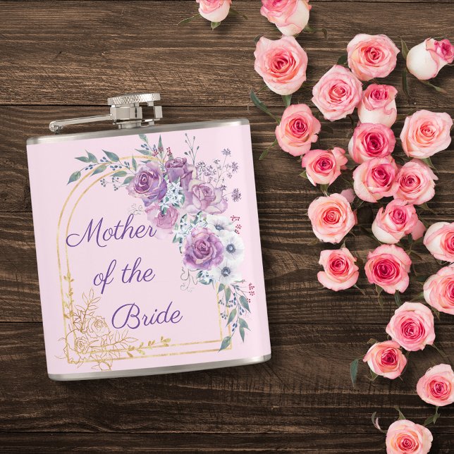 Petaca madre de la novia, acuarela floral rosa dorado (Subido por el creador)