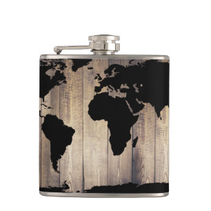 Petaca Mapa del Mundo Negro Planes de Madera Rústica