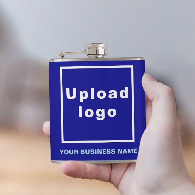Petaca Marca comercial azul en frasco envuelto de vinilo (Your business name and logo on blue vinyl wrapped flask.)