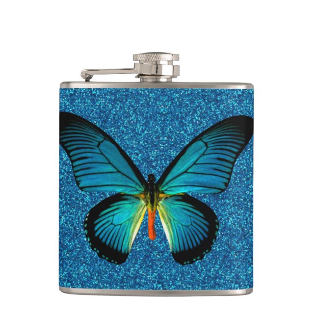Petaca Mariposa Azul Sobre La Carne De Purpurina Azul (Anverso)