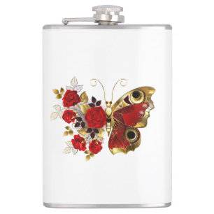 Petaca Mariposa de flor roja con rosas rojas