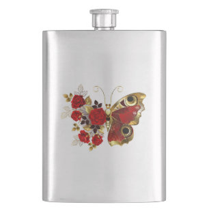 Petaca Mariposa de flor roja con rosas rojas