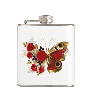 Petaca Mariposa de flor roja con rosas rojas