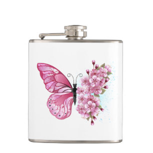 Petaca Mariposa de flores con Sakura rosa