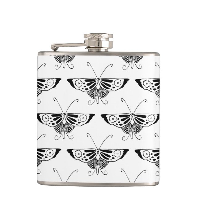 Petaca Mariposa Deco estilizada - blanco y negro (Anverso)