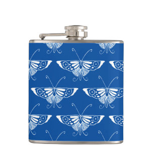 Petaca Mariposa estilizada Art Deco, azul cobalto y blanc