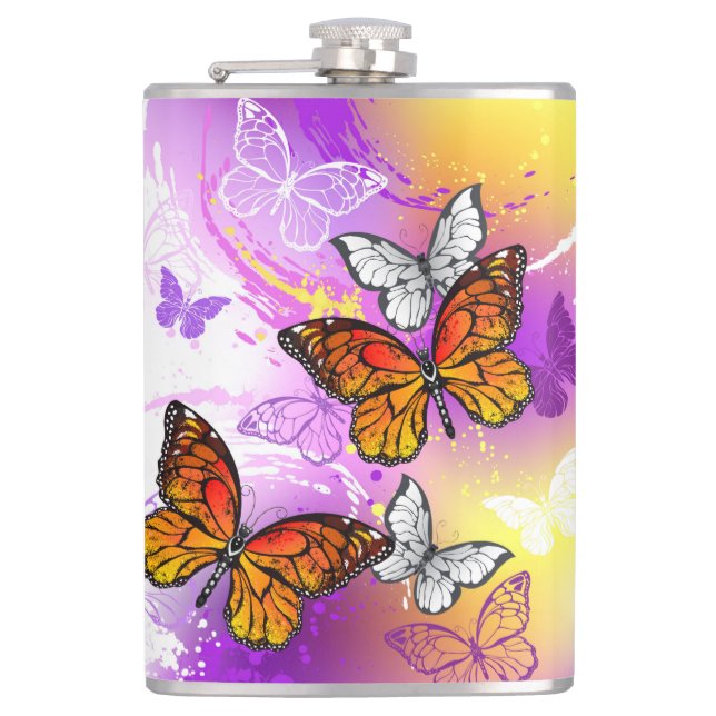 Petaca Mariposas monarcas en fondo morado (Anverso)