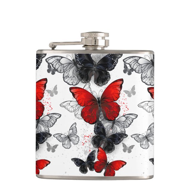 Petaca Mariposas Morpho voladoras negras y rojas (Anverso)