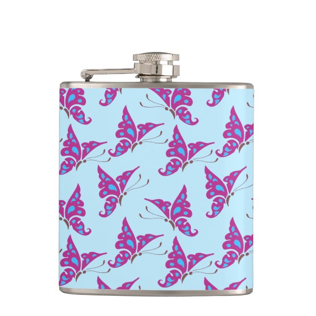 Petaca Mariposas púrpura en impresión de azul claro y mar (Anverso)