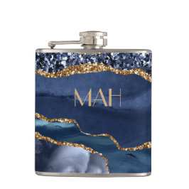 Petaca Mármol de ágata azul oro Glitter Monograma Glam Bl