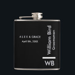 Petaca Máscara de cadera Groomsman personalizada de monog<br><div class="desc">Este diseño personalizado de Groomsman presenta un fondo negro minimalista y seguro. ¡Puede personalizar el nombre,  el título y el novio o agregar el mensaje de su personalizado! Muestra a tu Groomsman cuánto amas y aprecias su participación.</div>