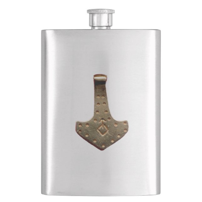 Petaca Matraz de acero inoxidable Gold Thor Hammer (Anverso)