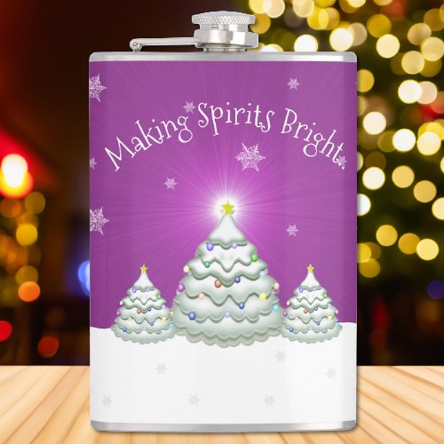 Petaca Matraz de árbol de navidad con nieve magenta (Magenta Christmas Tree Flask)