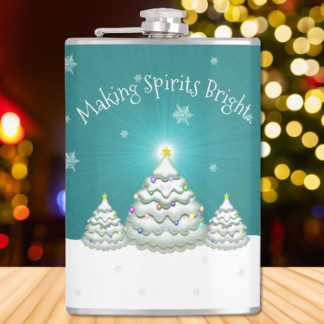 Petaca Matraz de árbol de navidad con nieve verde azulada (Teal Christmas Tree Flask)