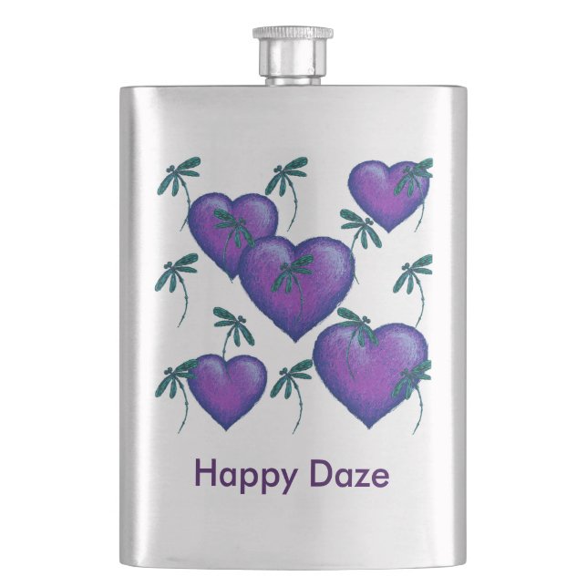 Petaca Matraz de corazón morado y libélulas (Anverso)