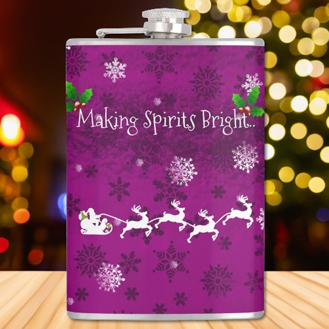 Petaca Matraz de esquisto y reno de Magenta Santa (Magenta Santas Sleigh and Reindeer Flask)
