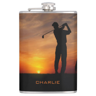 Petaca Matraz de nombre personalizado Golfer Sunset