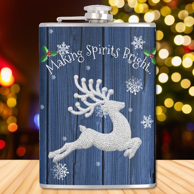 Petaca Matraz de reno de Navidades Rústicos Azules (Blue Rustic Christmas Reindeer Flask)
