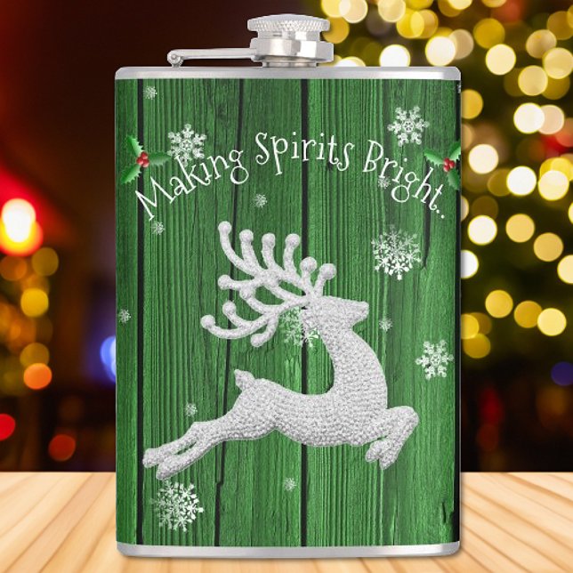 Petaca Matraz de reno de Navidades Rústicos Verdes (Green Rustic Christmas Reindeer Flask)