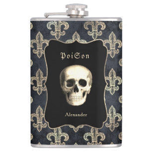 Petaca Matraz personalizada de cráneo negro dorado