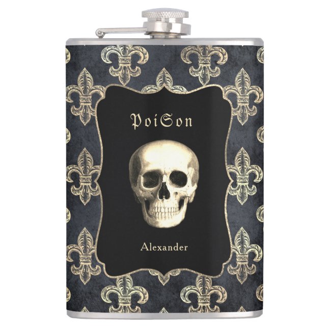 Petaca Matraz personalizada de cráneo negro dorado (Anverso)