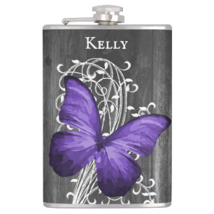 Petaca Matraz personalizado de mariposa púrpura y rústica