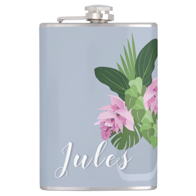 Petaca Medinilla tropical Flor rosa en azul (Anverso)