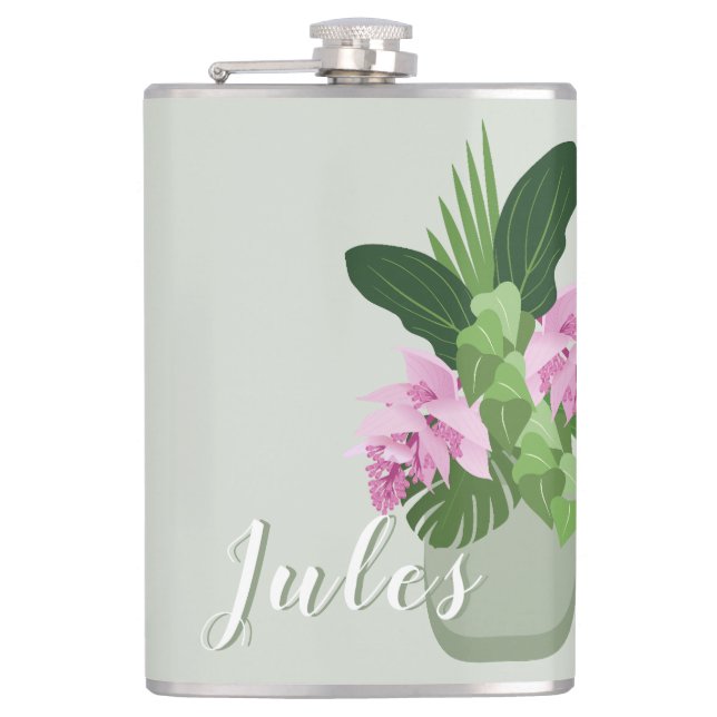 Petaca Medinilla tropical Flor rosa en verde (Anverso)