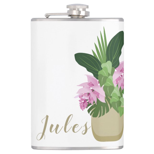 Petaca Medinilla tropical Flor rosa Vasa amarilla blanco (Anverso)