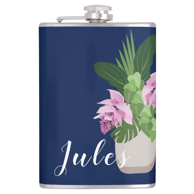 Petaca Medinilla tropical Vasa de flores rosadas en azul  (Anverso)