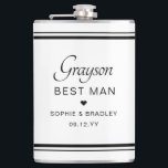 Petaca Mejor partido de matrimonio personalizado de Perso<br><div class="desc">La máscara del partido de la boda del nombre personalizado del mejor Personalizado masculino presenta el nombre del mejor hombre con los nombres de la pareja nupcial y la fecha boda acentuada con un pequeño corazón de amor. Personalizado hizo para el Mejor Hombre. Diseñado por ©2024 Evco Studio www.zazzle.com/store/evcostudio</div>