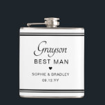 Petaca Mejor partido de matrimonio personalizado de Perso<br><div class="desc">La máscara del partido de la boda del nombre personalizado del mejor Personalizado masculino presenta el nombre del mejor hombre con los nombres de la pareja nupcial y la fecha boda acentuada con un pequeño corazón de amor. Personalizado hizo para el Mejor Hombre. Diseñado por ©2024 Evco Studio www.zazzle.com/store/evcostudio</div>