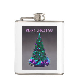 Petaca Merry Christmas. Decorated tree with gifts