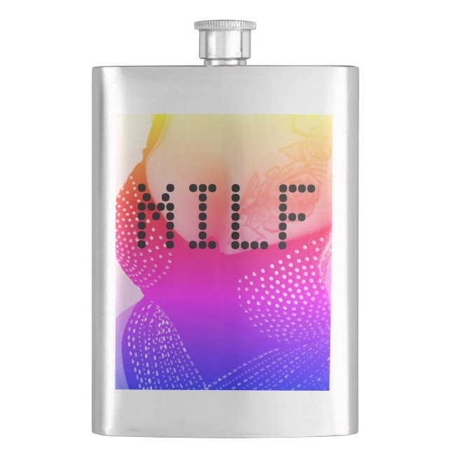 Petaca Milf Flask Tórax rosa caliente y plata. (Anverso)
