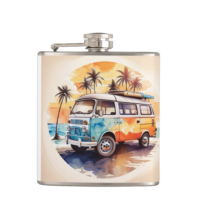 Petaca Minibús de pintura de época en la playa (Anverso)