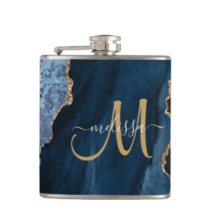 Petaca Moda Blue Gold Purpurina Agate Monograma Nombre