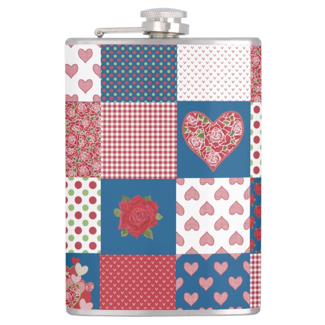 Petaca Moda Corazones y Rosas Faux Patchwork Hip Flask (Anverso)