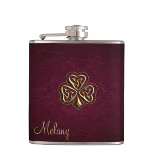 Petaca Moda cuero dorado afortunado shamrock personalizad